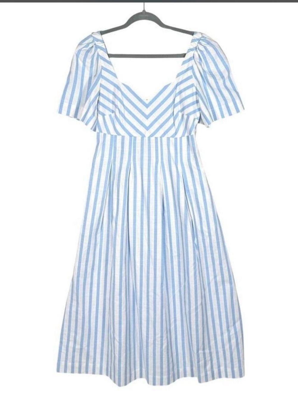 a new day Blue and White Stripe V‑Neck Puff‑Sleeve Midi Dress
